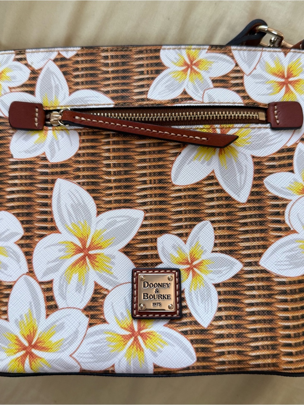 Dooney & Bourke White & Yellow Floral Crossbody Bag on Brown Woven Print